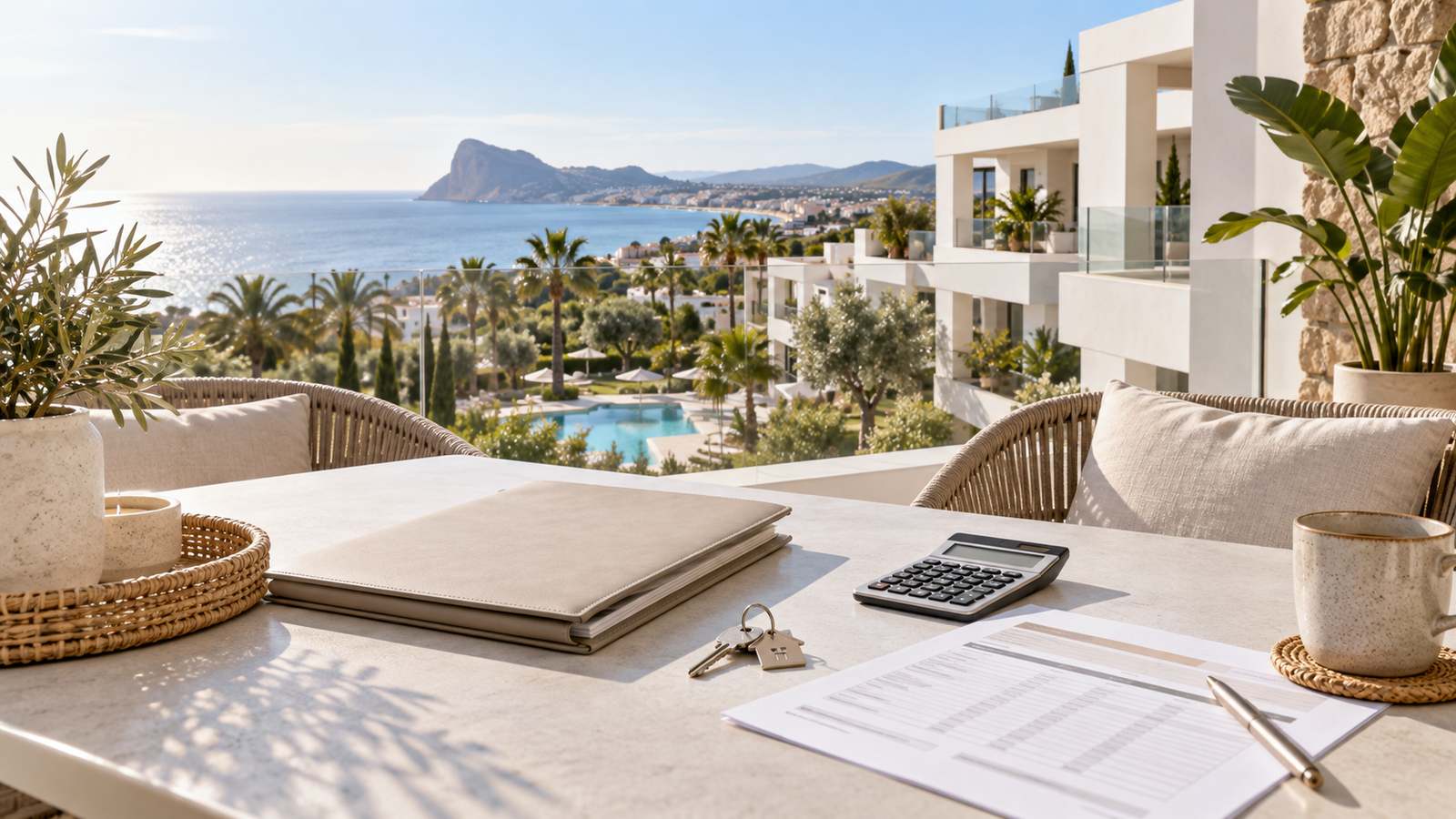 Nieuwbouw aan de Spaanse kust met budgetmap, calculator en sleutel op tafel