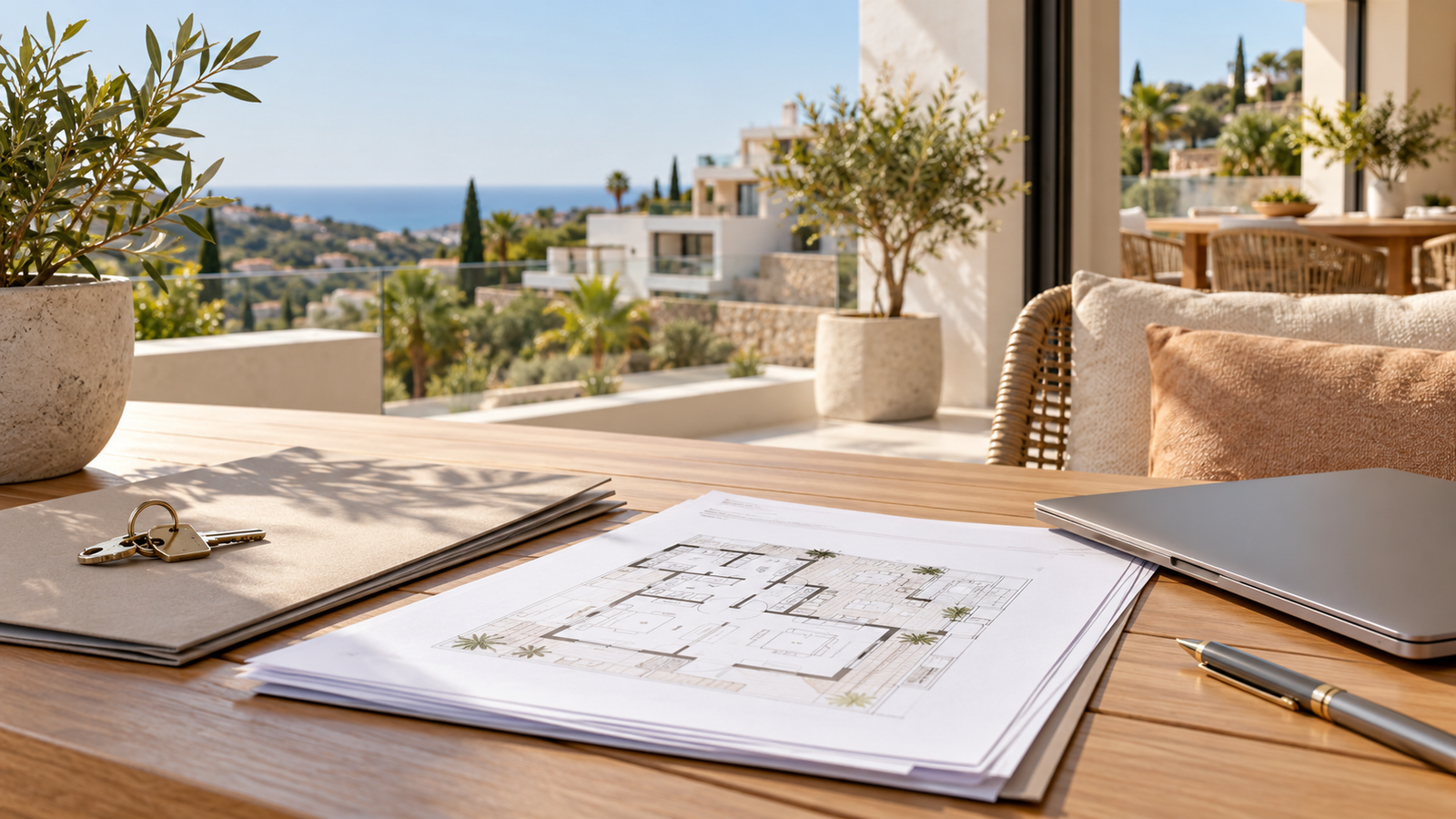 Aankoopdossier voor Spaanse nieuwbouw met plattegrond, sleutel en laptop op een terras